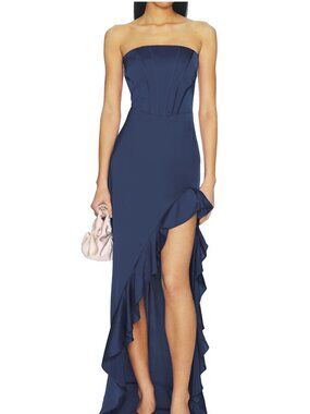 NWT Amanda Uprichard Francesca Strapless Corset Slit Maxi Gown in Navy Sz Med